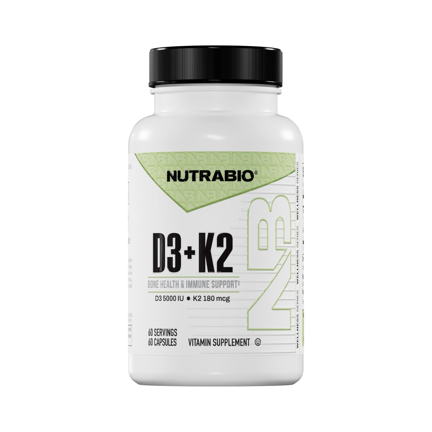 NutraBio Vitamin D3 K2 5000 IU | D3 + MK7 (180 mcg) for Bone & Heart Health | 60 Veg Caps