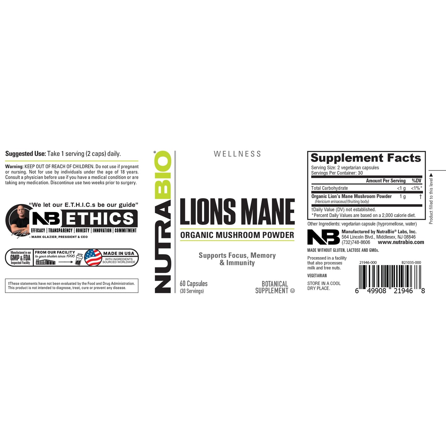 NutraBio Lions Mane Supplement Capsules- Organic Lion's Mane Mushroom Powder (500mg)- Focus, Memory, Immunity - 60 Vegetable Capsules (Pack of 2)