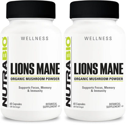 NutraBio Lions Mane Supplement Capsules- Organic Lion's Mane Mushroom Powder (500mg)- Focus, Memory, Immunity - 60 Vegetable Capsules (Pack of 2)