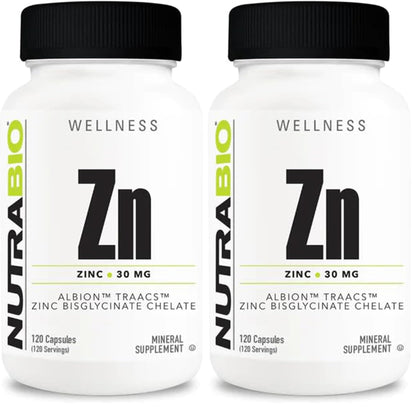 NutraBio Zinc Chelate Mineral Supplement – 30 mg Zinc per Capsule, Albion Zinc Bisglycinate, 120 Veg Capsules (Pack of 2)