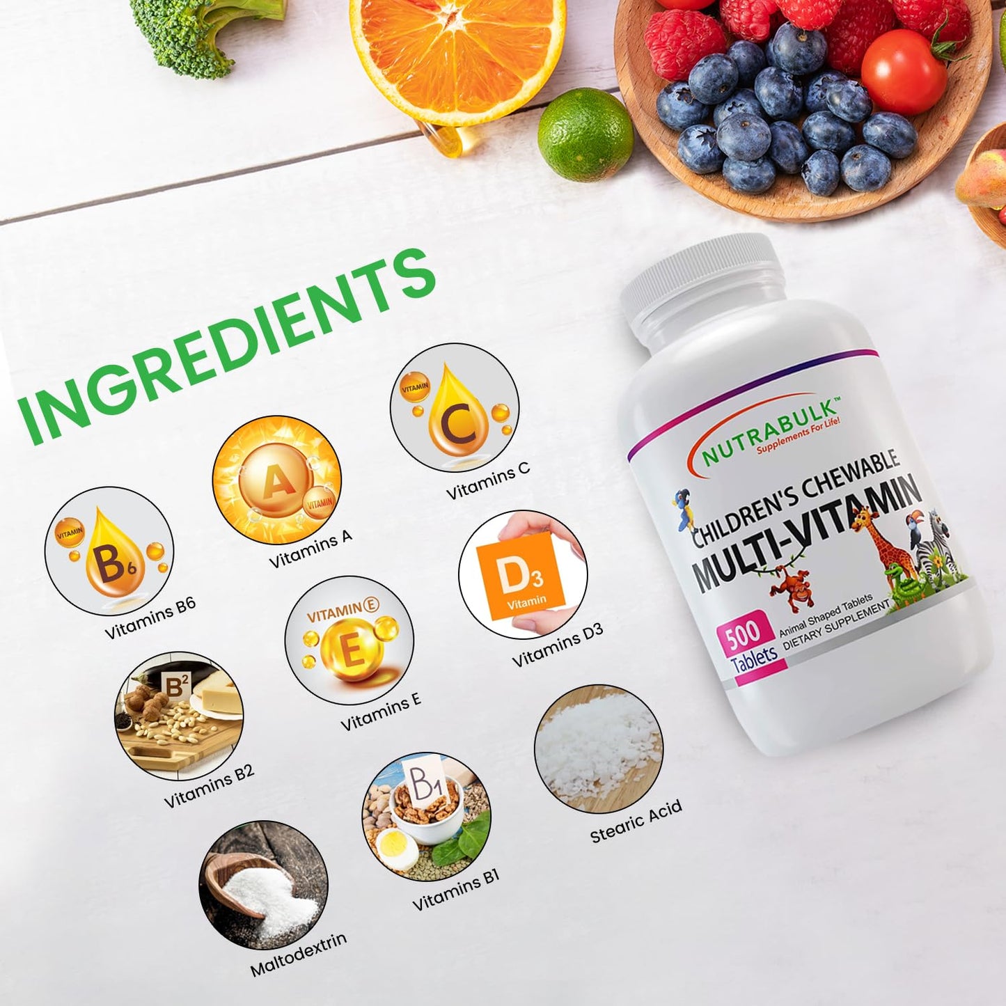 NutraBulk Children's Chewable Multivitamins – USA-Made, Vegan, Gluten Free | Immune, Bone & Brain Support (500 Cherry Tablets)
