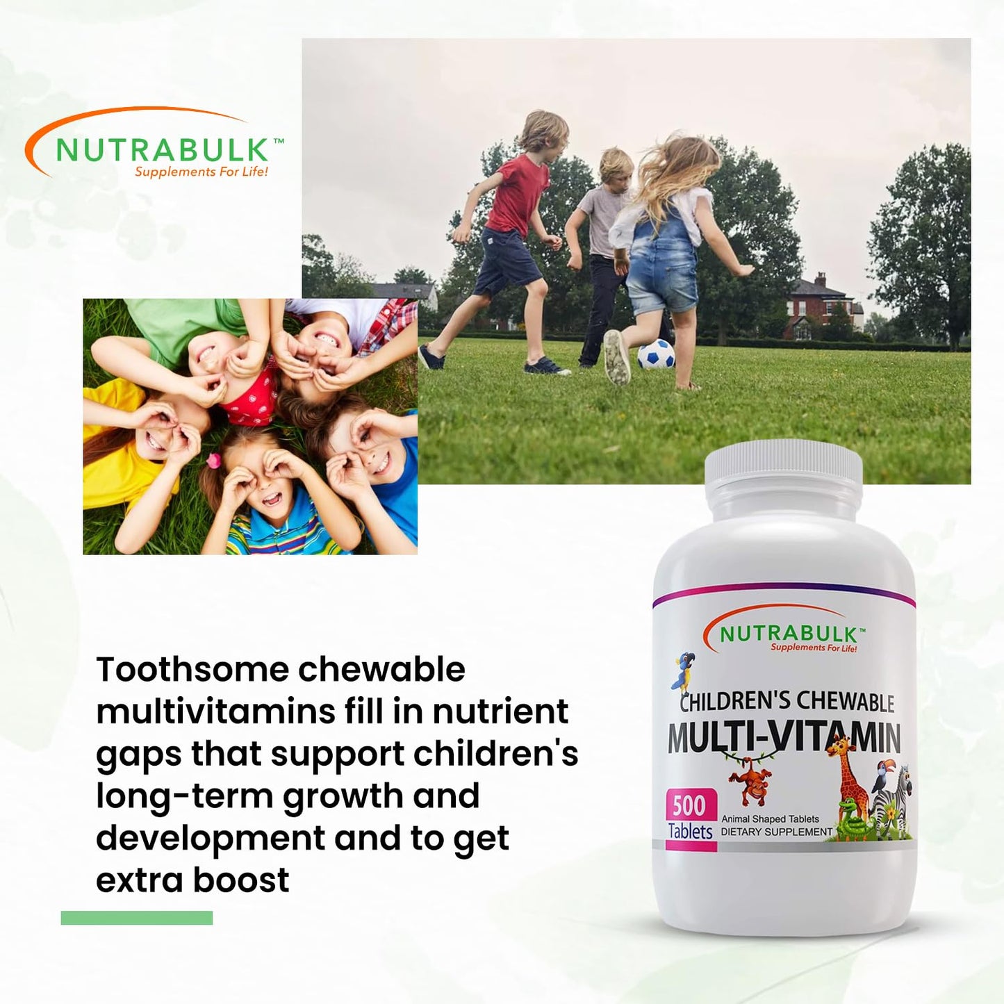 NutraBulk Children's Chewable Multivitamins – USA-Made, Vegan, Gluten Free | Immune, Bone & Brain Support (500 Cherry Tablets)