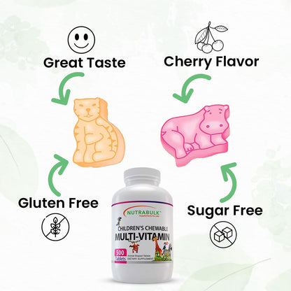 NutraBulk Children's Chewable Multivitamins – USA-Made, Vegan, Gluten Free | Immune, Bone & Brain Support (500 Cherry Tablets)