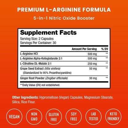 NutraChamps Premium L Arginine Supplement | 5-in-1 Nitric Oxide Boost | 60 Vegan Capsules