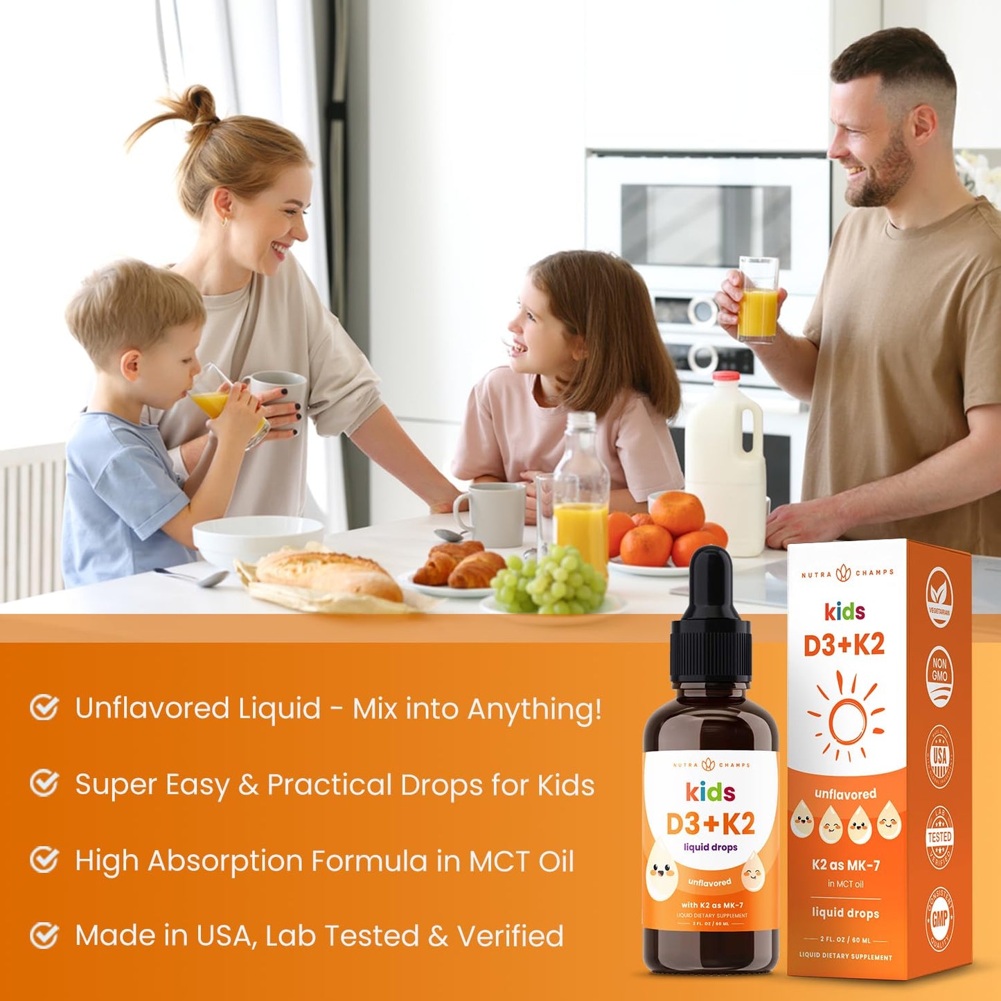 NutraChamps Kids D3 & K2 Drops - 1000 IU Vitamin D for Kids, Sugar-Free Liquid, 300 Servings