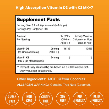 NutraChamps Kids D3 & K2 Drops - 1000 IU Vitamin D for Kids, Sugar-Free Liquid, 300 Servings