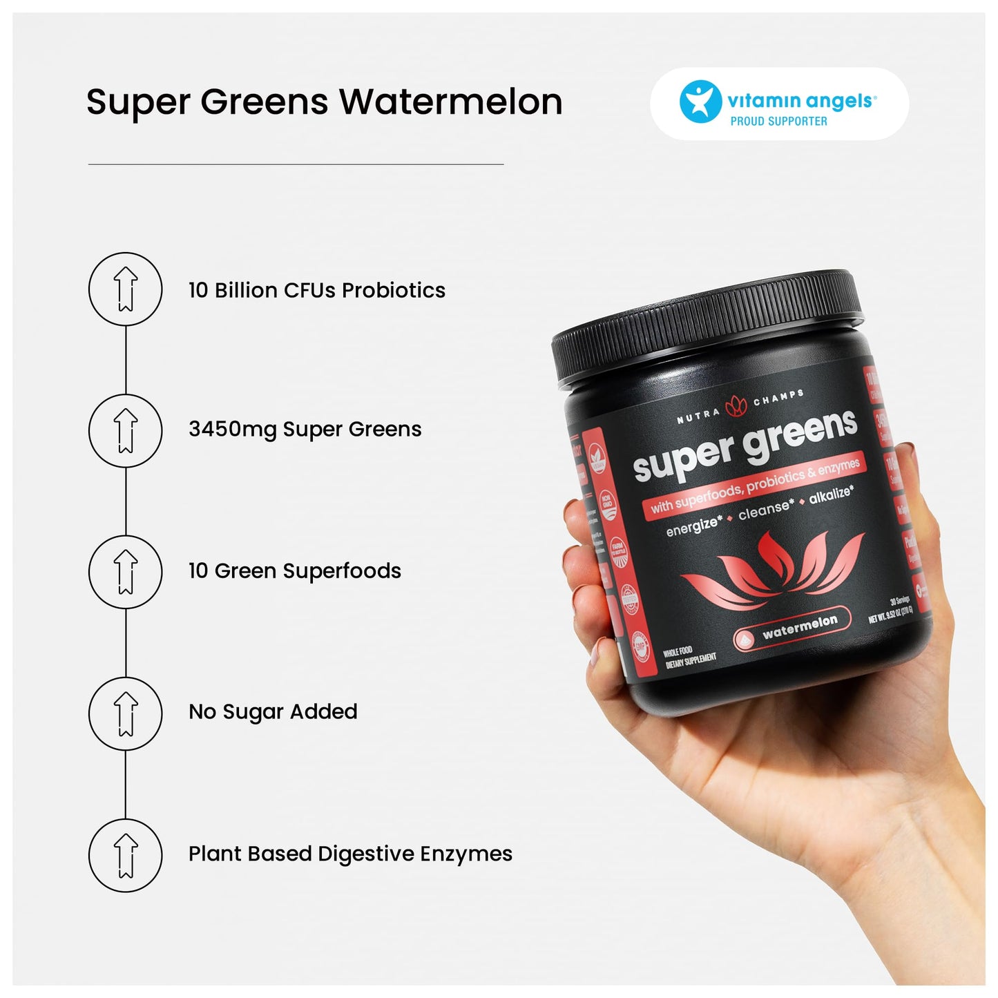 NutraChamps Super Greens Powder Premium Superfood | 20+ Organic Greens & Probiotic Blends | Watermelon