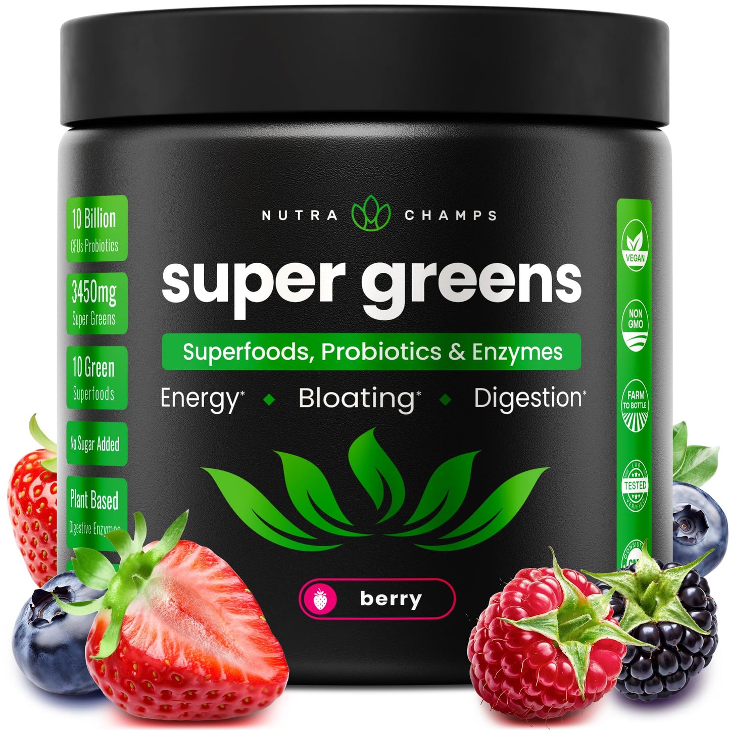 NutraChamps Super Greens Powder Berry 9.0 oz – Premium Organic Green Superfood with Probiotics