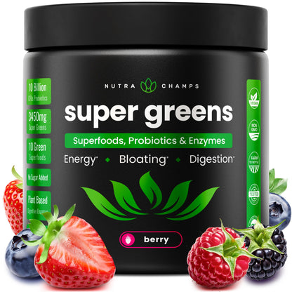 NutraChamps Super Greens Powder Berry 9.0 oz – Premium Organic Green Superfood with Probiotics