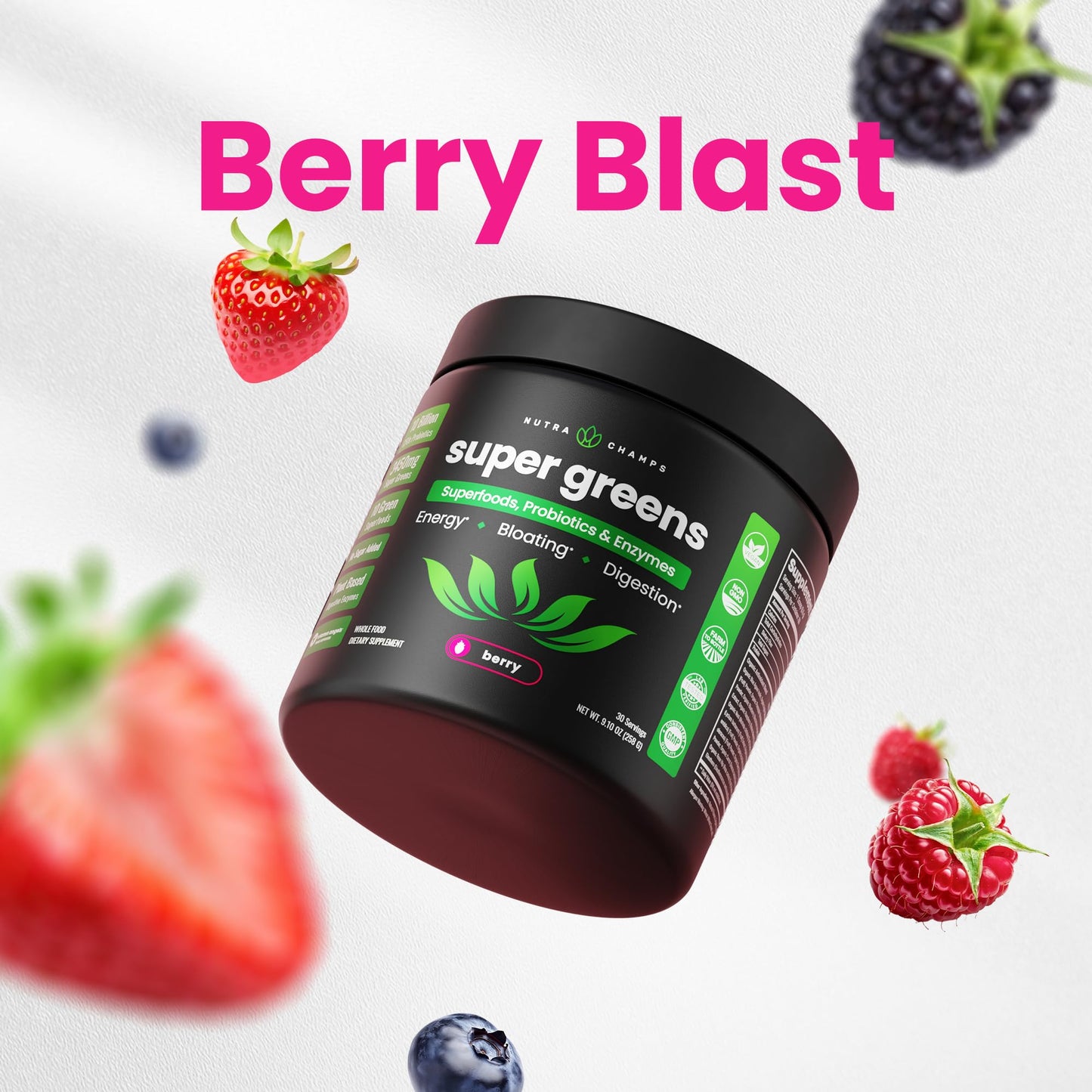 NutraChamps Super Greens Powder Berry 9.0 oz – Premium Organic Green Superfood with Probiotics