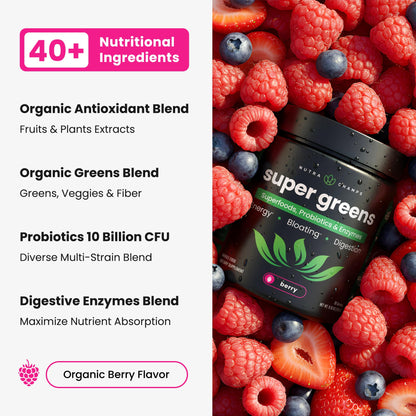 NutraChamps Super Greens Powder Berry 9.0 oz – Premium Organic Green Superfood with Probiotics