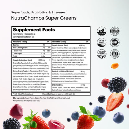 NutraChamps Super Greens Powder Berry 9.0 oz – Premium Organic Green Superfood with Probiotics