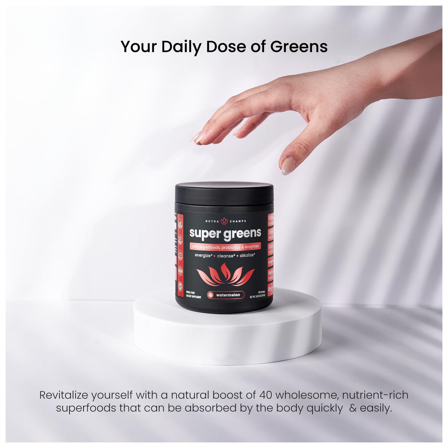 NutraChamps Super Greens Powder Premium Superfood | 20+ Organic Greens & Probiotic Blends | Watermelon