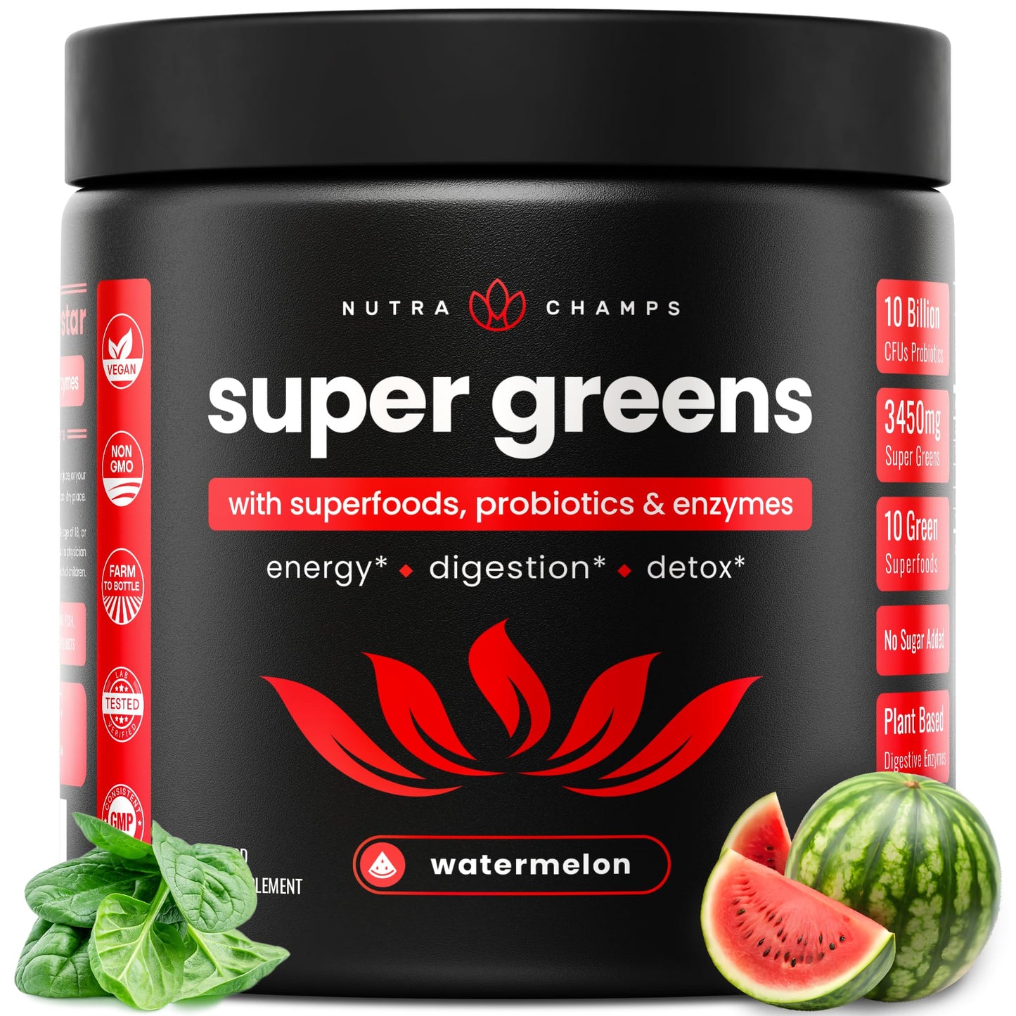 NutraChamps Super Greens Powder Premium Superfood | 20+ Organic Greens & Probiotic Blends | Watermelon