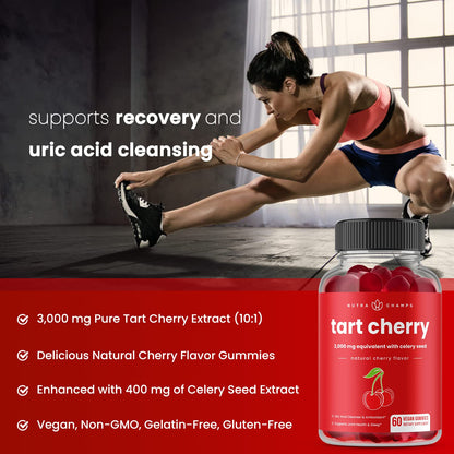 NutraChamps Tart Cherry Gummies - 3000mg Tart Cherry Extract + Celery Seed (60 Vegan Gummies) - Uric Acid Cleanse, Joint & Sleep Support