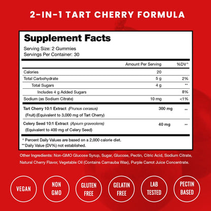 NutraChamps Tart Cherry Gummies - 3000mg Tart Cherry Extract + Celery Seed (60 Vegan Gummies) - Uric Acid Cleanse, Joint & Sleep Support