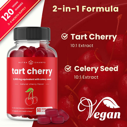 NutraChamps Tart Cherry Gummies - 3000mg Tart Cherry Extract + Celery Seed (60 Vegan Gummies) - Uric Acid Cleanse, Joint & Sleep Support