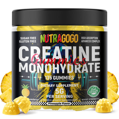 NUTRAGOGO Creatine Monohydrate Gummies – 5g per Serving, Sugar Free, Vegan | Pineapple Electrolyte Chews, 135 Count