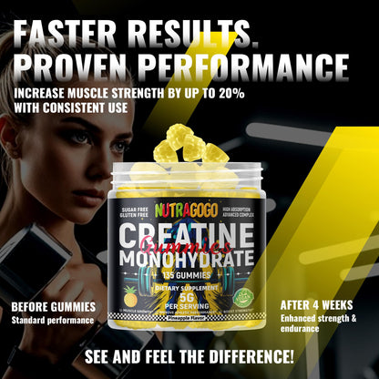 NUTRAGOGO Creatine Monohydrate Gummies – 5g per Serving, Sugar Free, Vegan | Pineapple Electrolyte Chews, 135 Count
