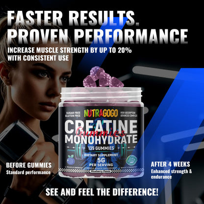 NUTRAGOGO Creatine Monohydrate Gummies – 5g/Serving, Sugar Free, Vegan, Blueberry Electrolyte