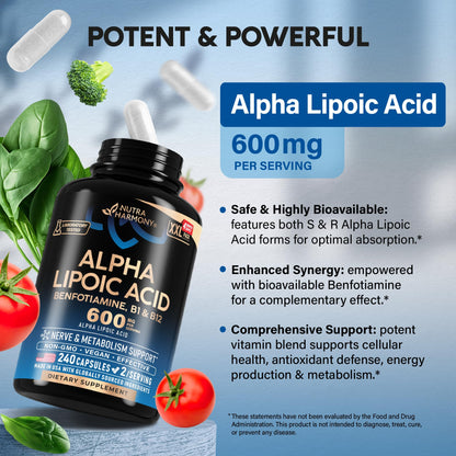 Nutraharmony Alpha Lipoic Acid 600mg – Extra Strength ALA with Benfotiamine, B1 & B12 (240 Veg Capsules)