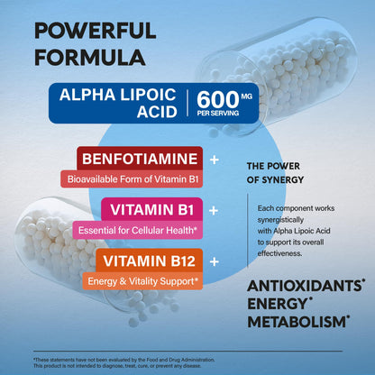 Nutraharmony Alpha Lipoic Acid 600mg – Extra Strength ALA with Benfotiamine, B1 & B12 (240 Veg Capsules)