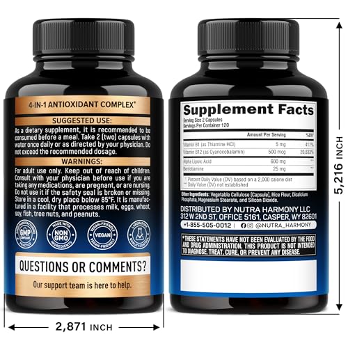Nutraharmony Alpha Lipoic Acid 600mg – Extra Strength ALA with Benfotiamine, B1 & B12 (240 Veg Capsules)