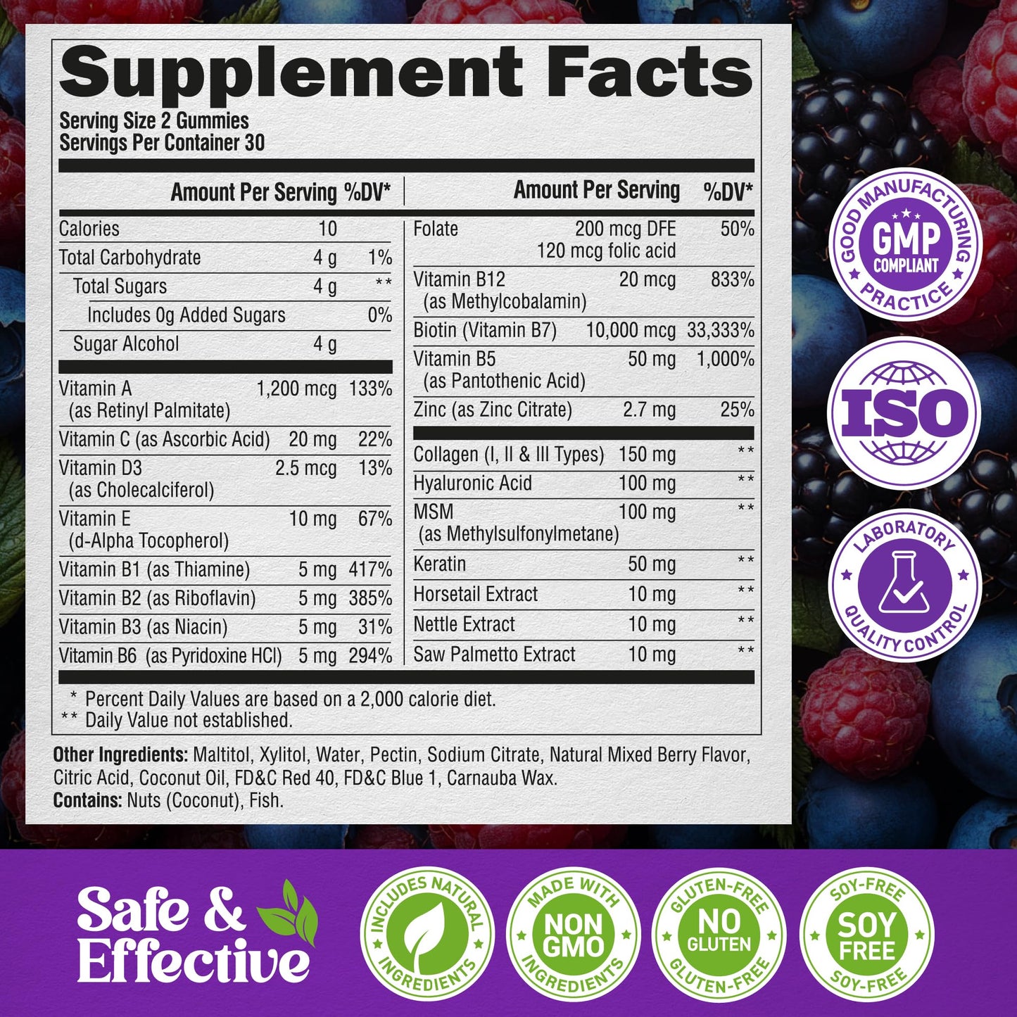 Biotin Gummies with Collagen - Hair, Skin & Nails | Sugar-Free, Mixed Berry, Pack of 2