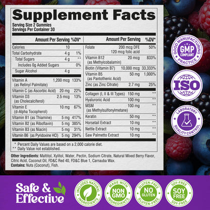 Biotin Gummies with Collagen - Hair, Skin & Nails | Sugar-Free, Mixed Berry, Pack of 2