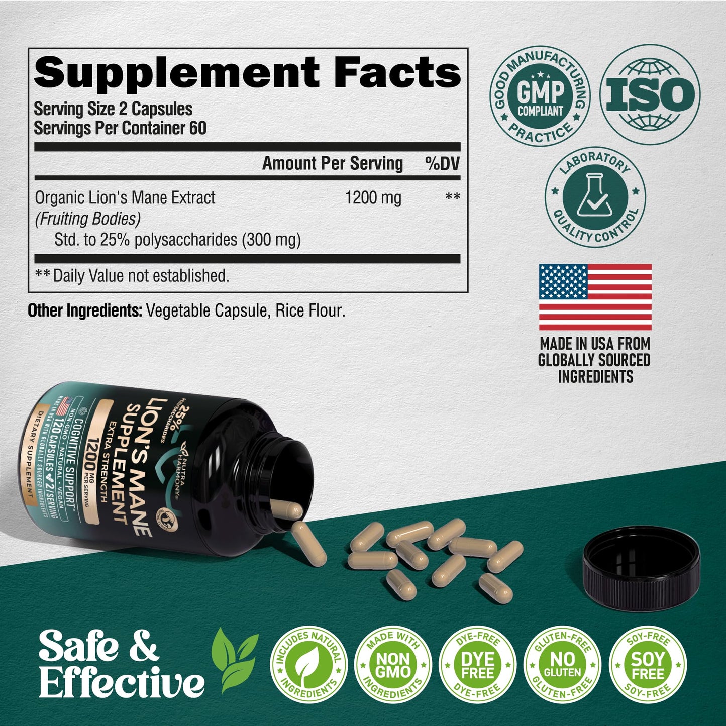 Lions Mane Capsules – Organic, Made in USA | 1200 mg, 25% Polysaccharides