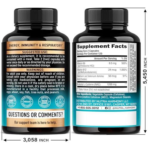 NAC Supplement with Selenium, B6 & B12 – 600 mg NAC per Capsule, 1200 mg per Serving | 240 Caps (4 Month Supply) – Made in USA