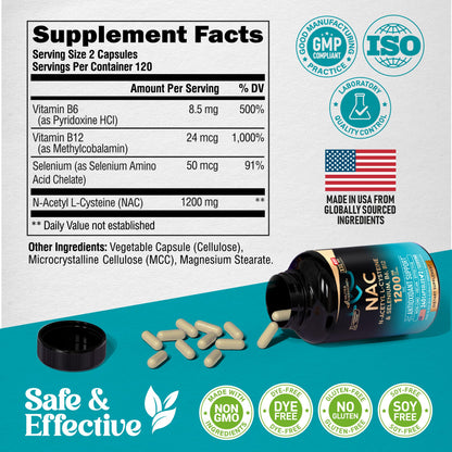 NAC Supplement with Selenium, B6 & B12 – 600 mg NAC per Capsule, 1200 mg per Serving | 240 Caps (4 Month Supply) – Made in USA