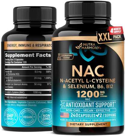 NAC Supplement with Selenium, B6 & B12 – 600 mg NAC per Capsule, 1200 mg per Serving | 240 Caps (4 Month Supply) – Made in USA