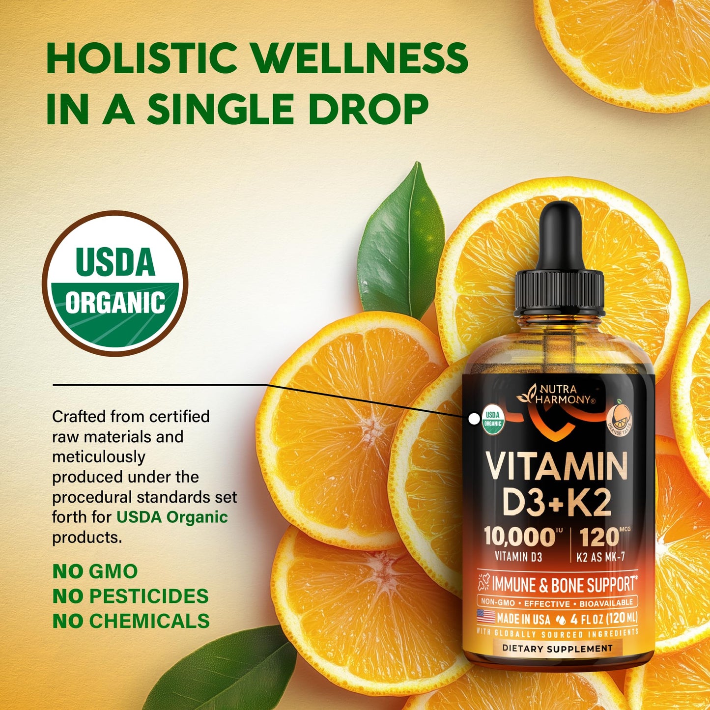 Vitamin D3 K2 USDA Organic Drops – 10,000 IU D3 + 120 mcg MK-7