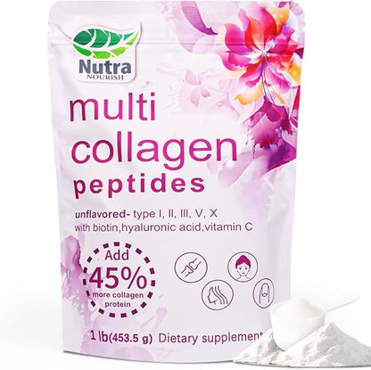 NutraNourish Multi Collagen Peptides Powder 2LB – Type I–V, Hyaluronic Acid, Biotin & Vitamin C (Unflavored)
