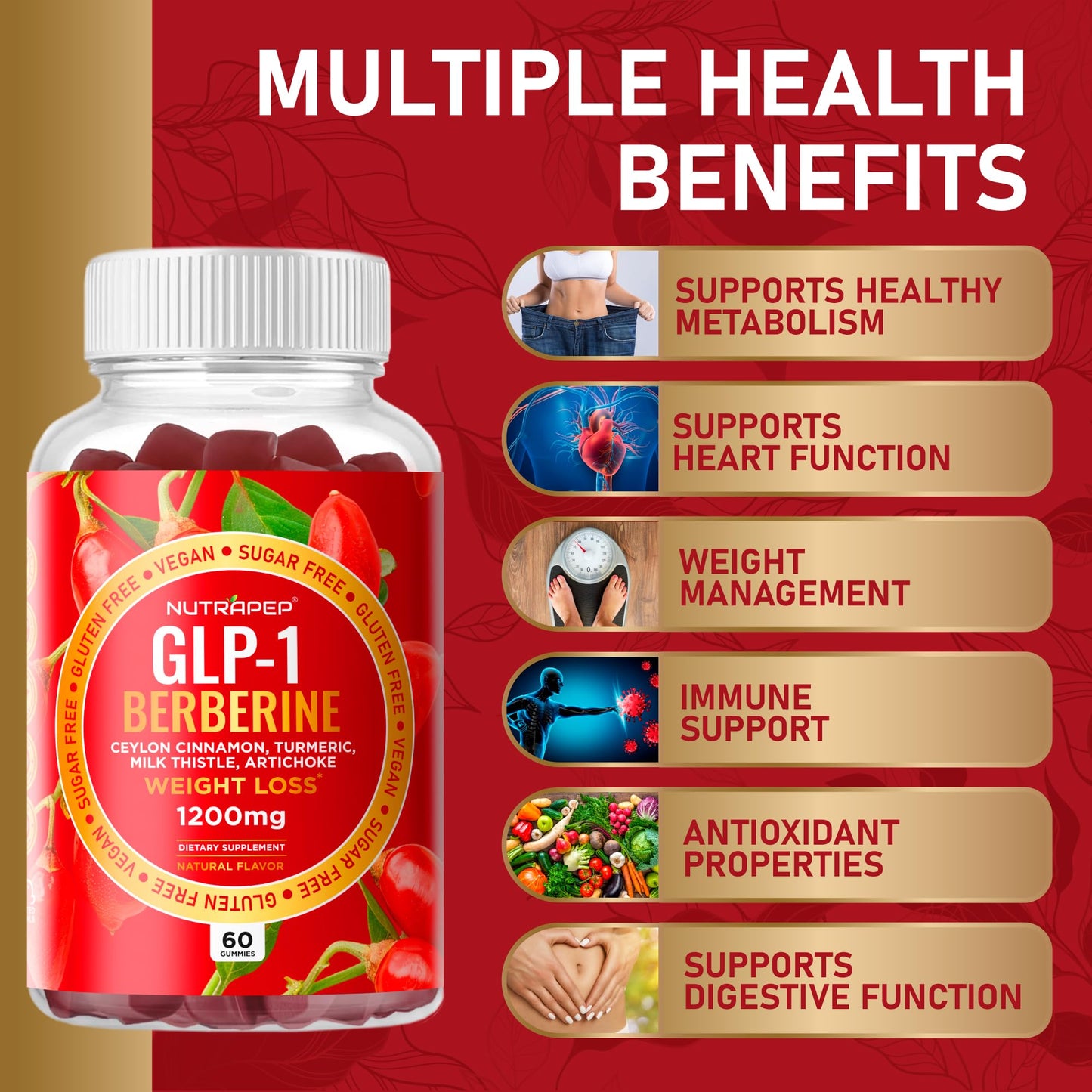 NutraPep Berberine HCl GLP-1 Gummies (1200mg) – Sugar Free, Gluten Free, High Potency GLP-1 Weight Loss Support
