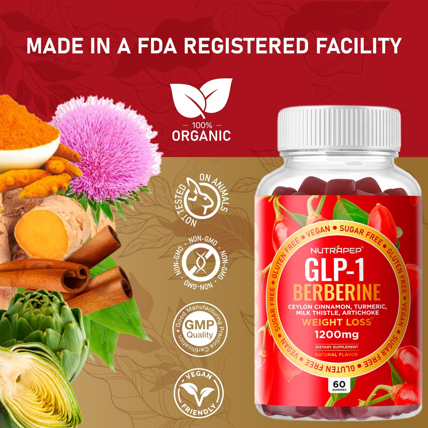 NutraPep Berberine HCl GLP-1 Gummies (1200mg) – Sugar Free, Gluten Free, High Potency GLP-1 Weight Loss Support
