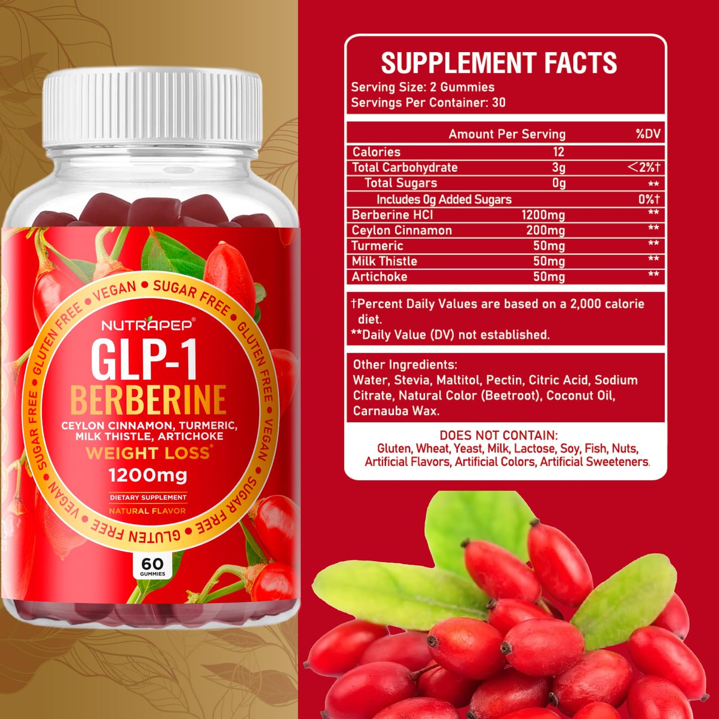 NutraPep Berberine HCl GLP-1 Gummies (1200mg) – Sugar Free, Gluten Free, High Potency GLP-1 Weight Loss Support