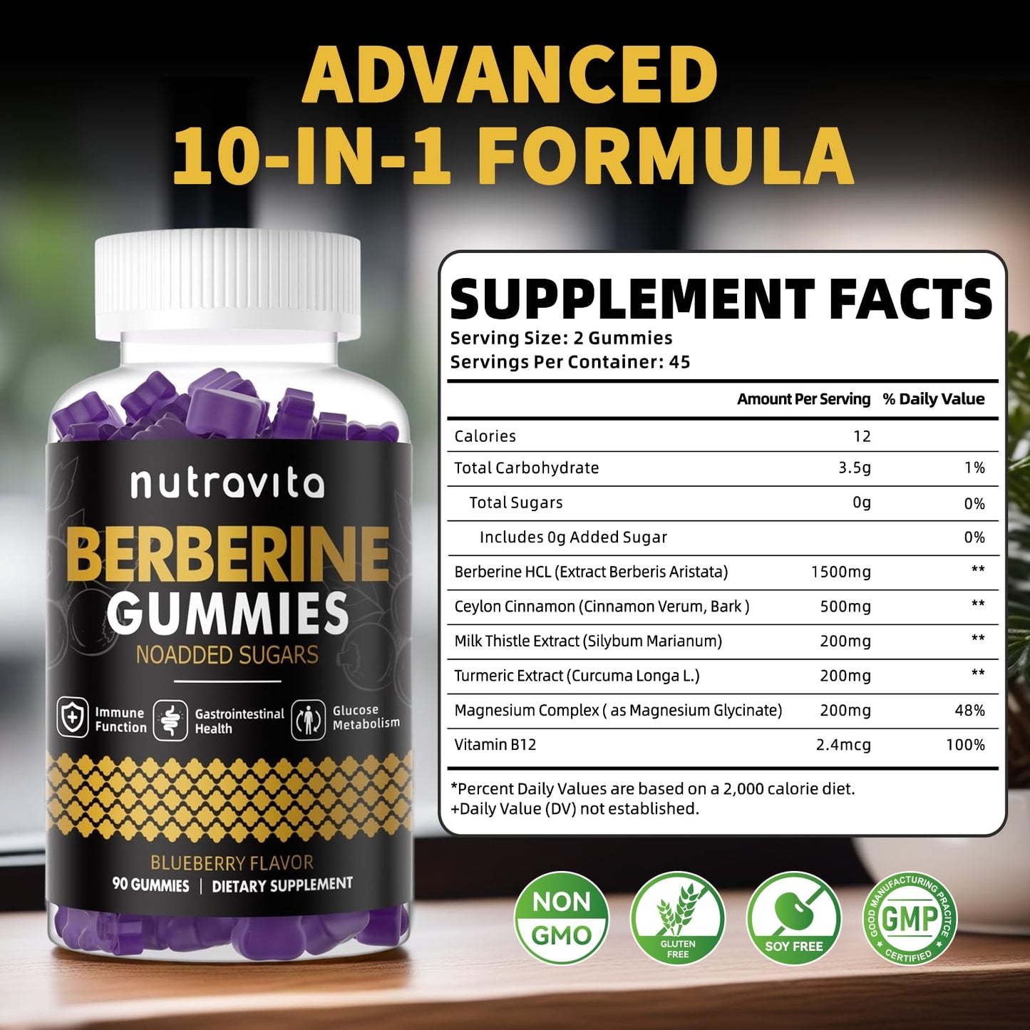 Nutravita Berberine Gummies with Ceylon Cinnamon - 1500mg Berberine HCl | Immune & Metabolism Support | Sugar Free Blueberry 1 Pack