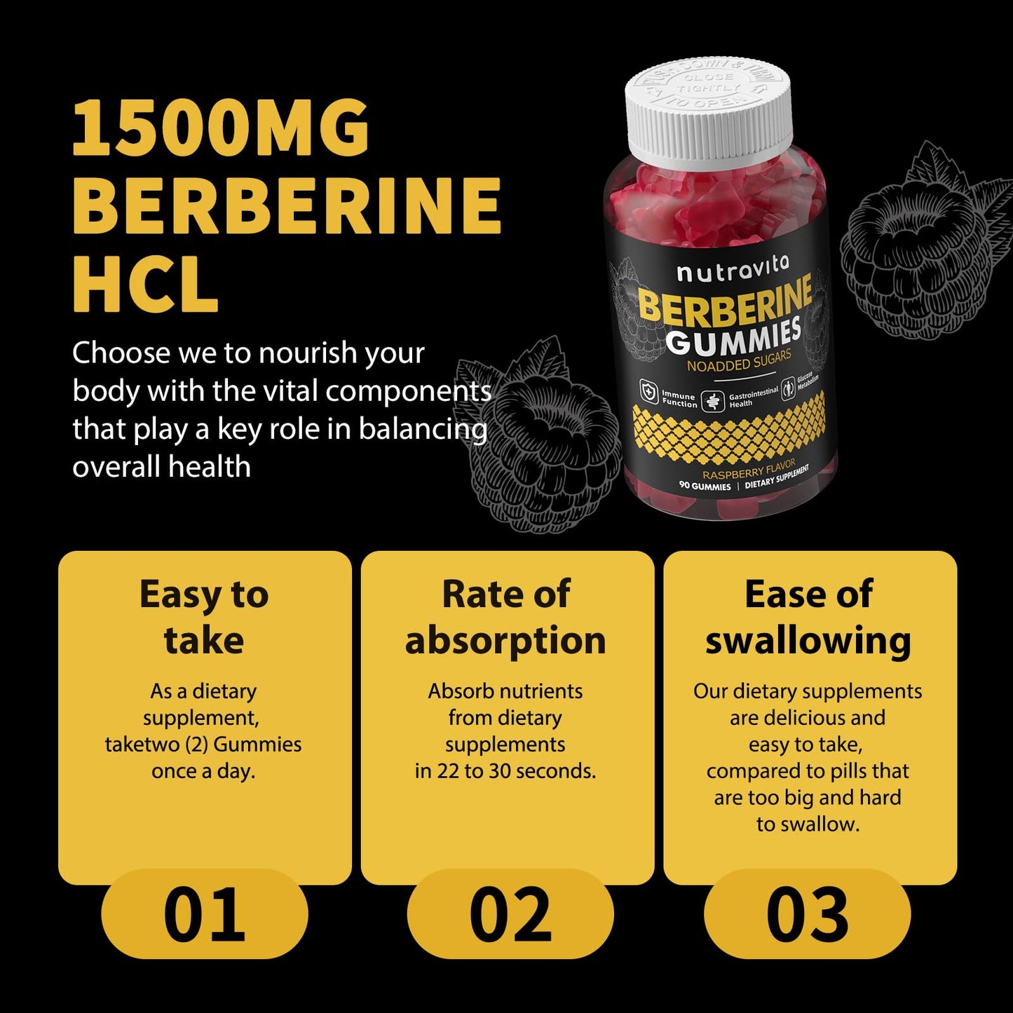 Nutravita Berberine Gummies 1500mg HCL + Ceylon Cinnamon – Sugar Free Raspberry 2-Pack