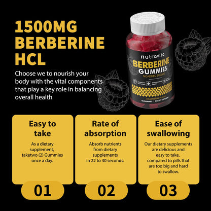Nutravita Berberine Gummies 1500mg HCL + Ceylon Cinnamon – Sugar Free Raspberry 2-Pack