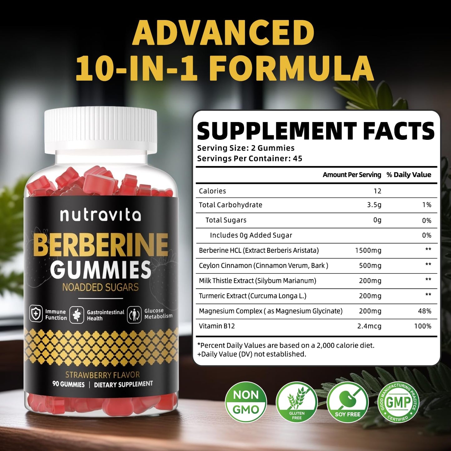 Nutravita Berberine Gummies 1500mg – Sugar Free Strawberry Flavor for Immune & Metabolism Support