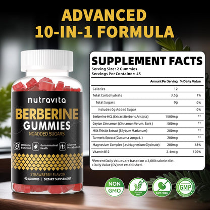 Nutravita Berberine Gummies 1500mg – Sugar Free Strawberry Flavor for Immune & Metabolism Support