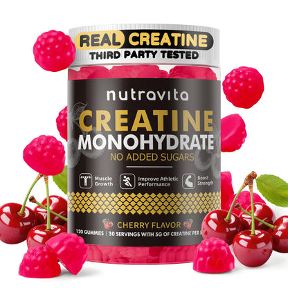 Nutravita Creatine Monohydrate Gummies – 5g per Serving, Vegan, Sugar Free, Cherry, 120 Count
