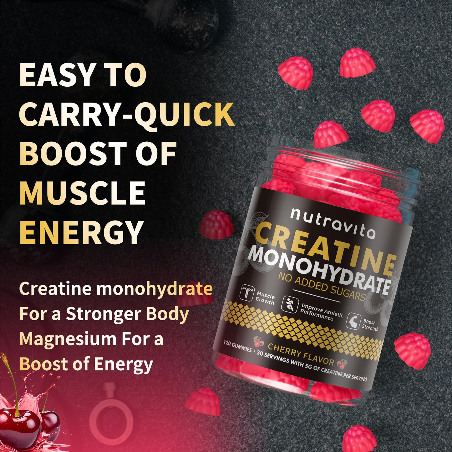 Nutravita Creatine Monohydrate Gummies – 5g per Serving, Vegan, Sugar Free, Cherry, 120 Count