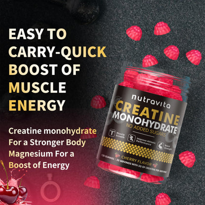 Nutravita Creatine Monohydrate Gummies – 5g per Serving, Vegan, Sugar Free, Cherry, 120 Count