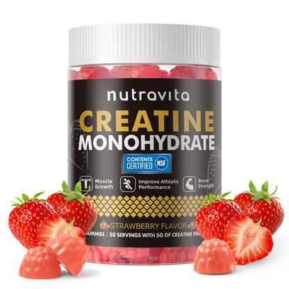 Nutravita Creatine Monohydrate Gummies - Strawberry, Vegan, Sugar-Free, 120 Count