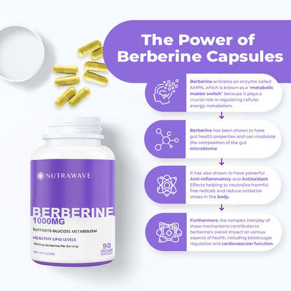 Nutra Wave Pure Berberine Maximum Potency 1000mg per Serving - 2-Pack (Vegan, Non-GMO)