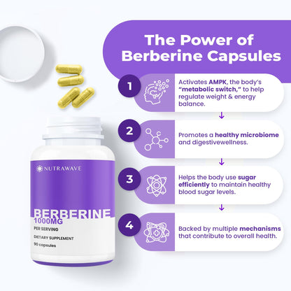 Nutra Wave Pure Berberine Maximum Potency 1000mg per Serving - 2-Pack (Vegan, Non-GMO)