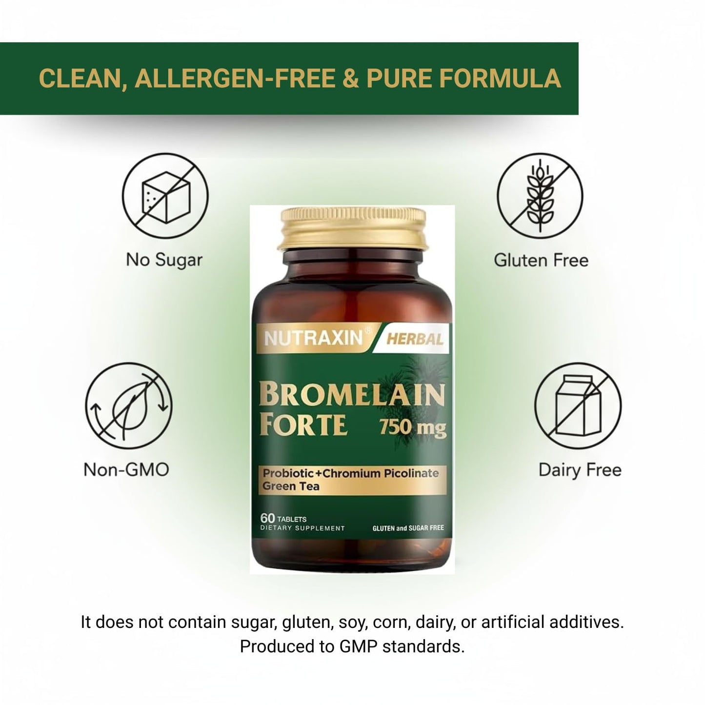 Nutraxin Bromelain Forte – 2400 GDU/g Bromelain with Green Tea Extract, Chromium & Probiotics | 60 Tablets